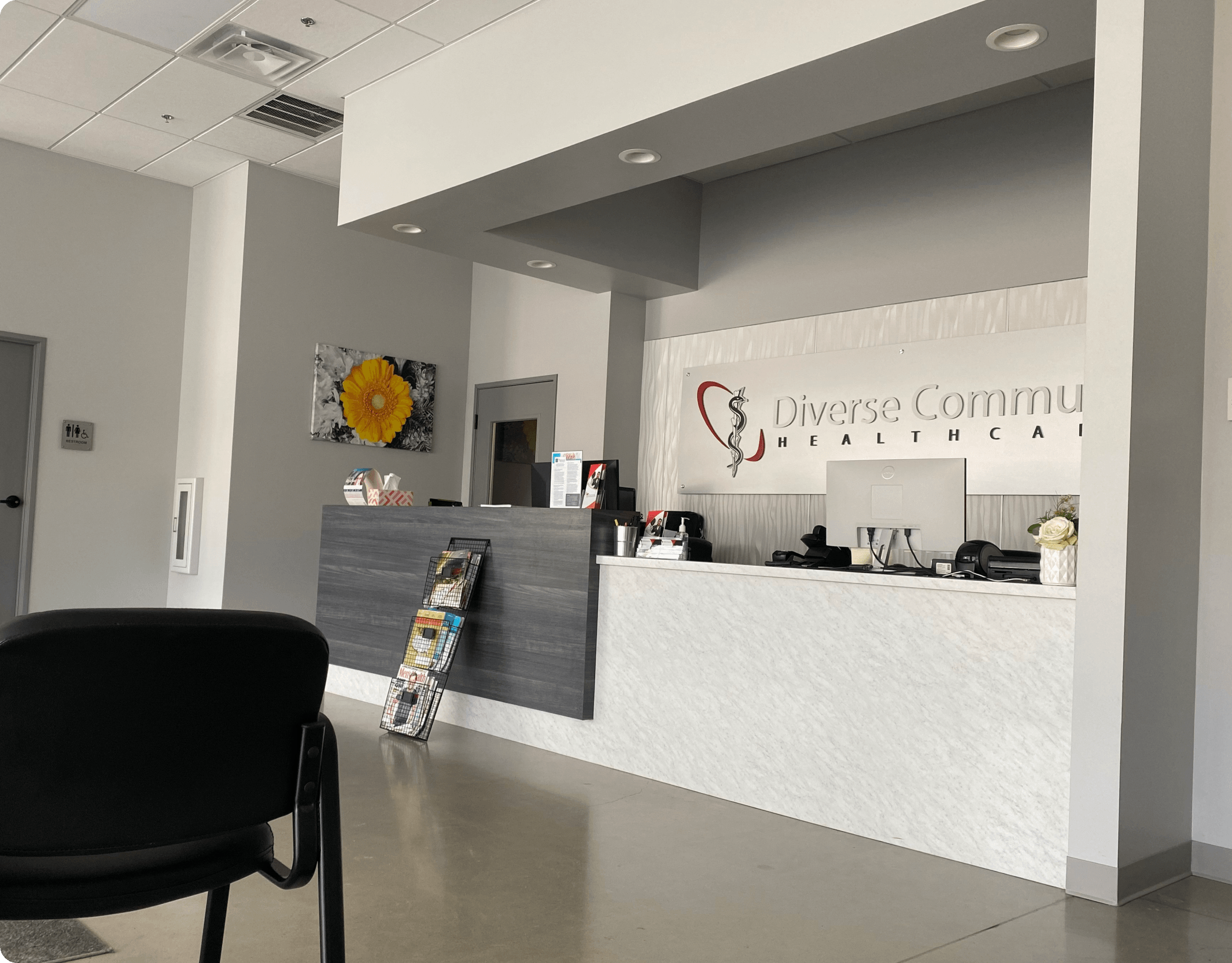 The reception desk at the Diverse Community Healthcare office in Porter, Texas